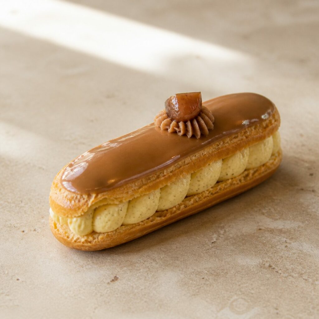 Smooth brown icing coats the chestnut éclair