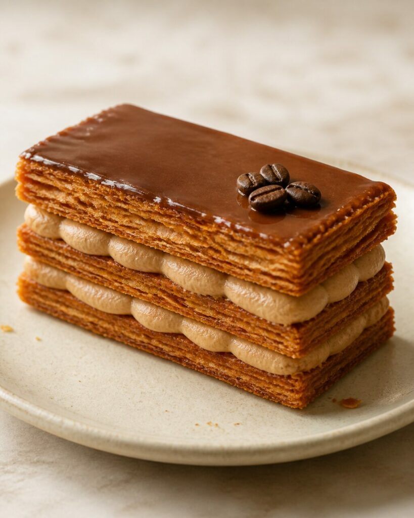 Glaçage moka sombre sur le mille-feuille au café