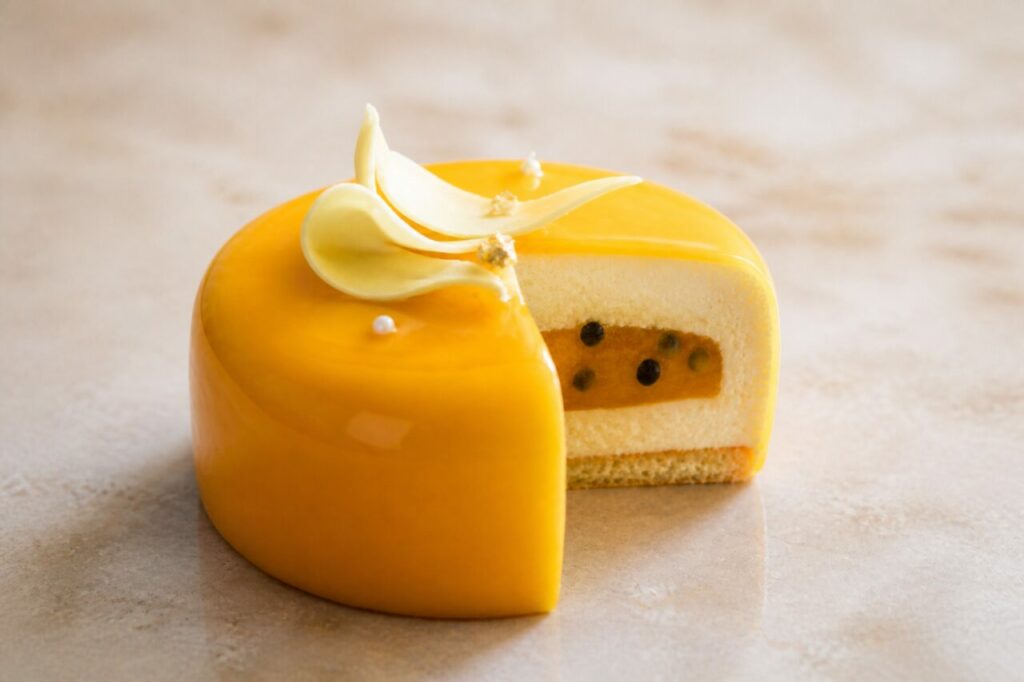 Glassa arancione a specchio sull'entremet al mango e frutto della passione tagliato