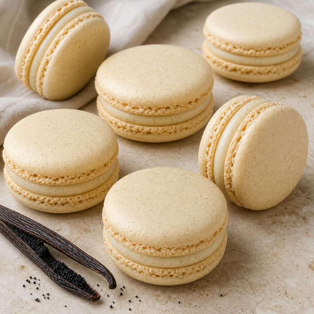 Vaina abierta y relleno moteado en los macarons de vainilla