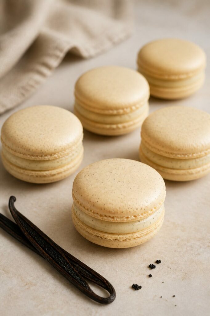 Semillas de vainilla salpican la crema de los macarons Bourbon