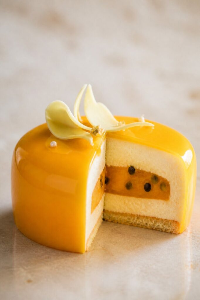 Semi scuri nel cuore dell'entremet al mango e frutto della passione