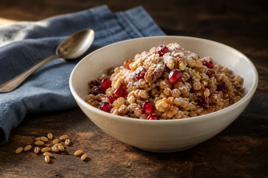 Grains de blé — koliva grec aux grains de blé dans un bol blanc avec grains épars, grenades, noix et serviette bleue