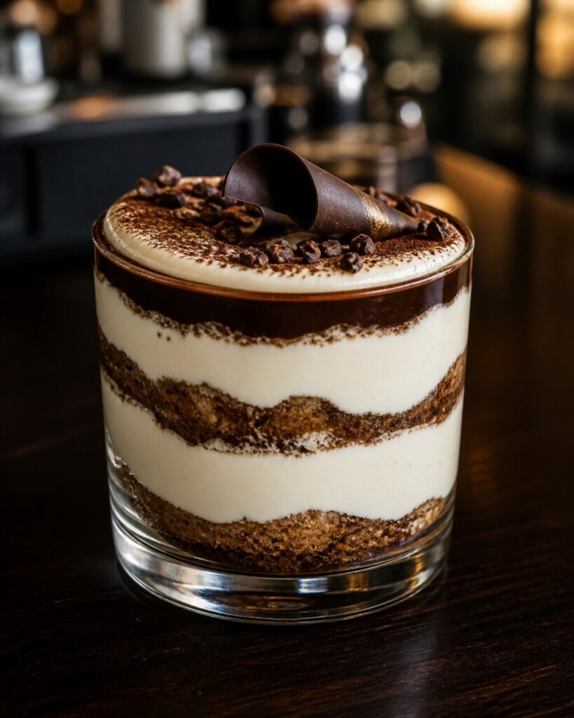 Copo alto de tiramisù café-tonca com ganache, cacau e chocolate