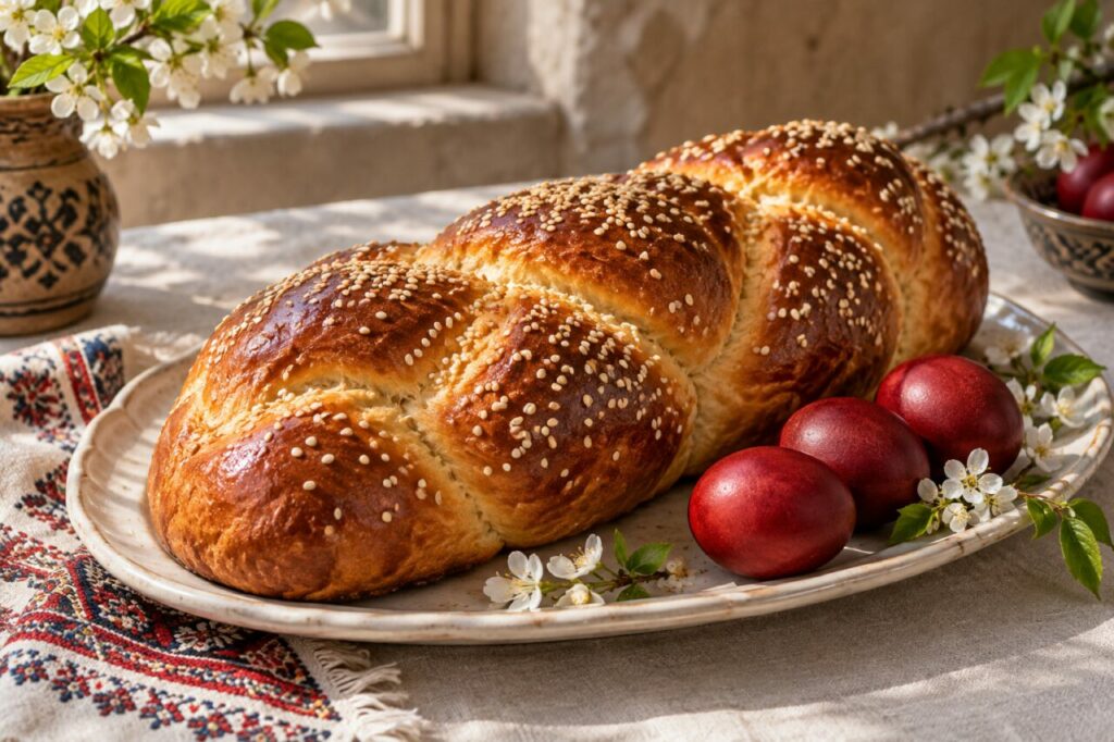 Pour Pâques, une grande tresse de choreg arménien partage le plat avec trois œufs rouges