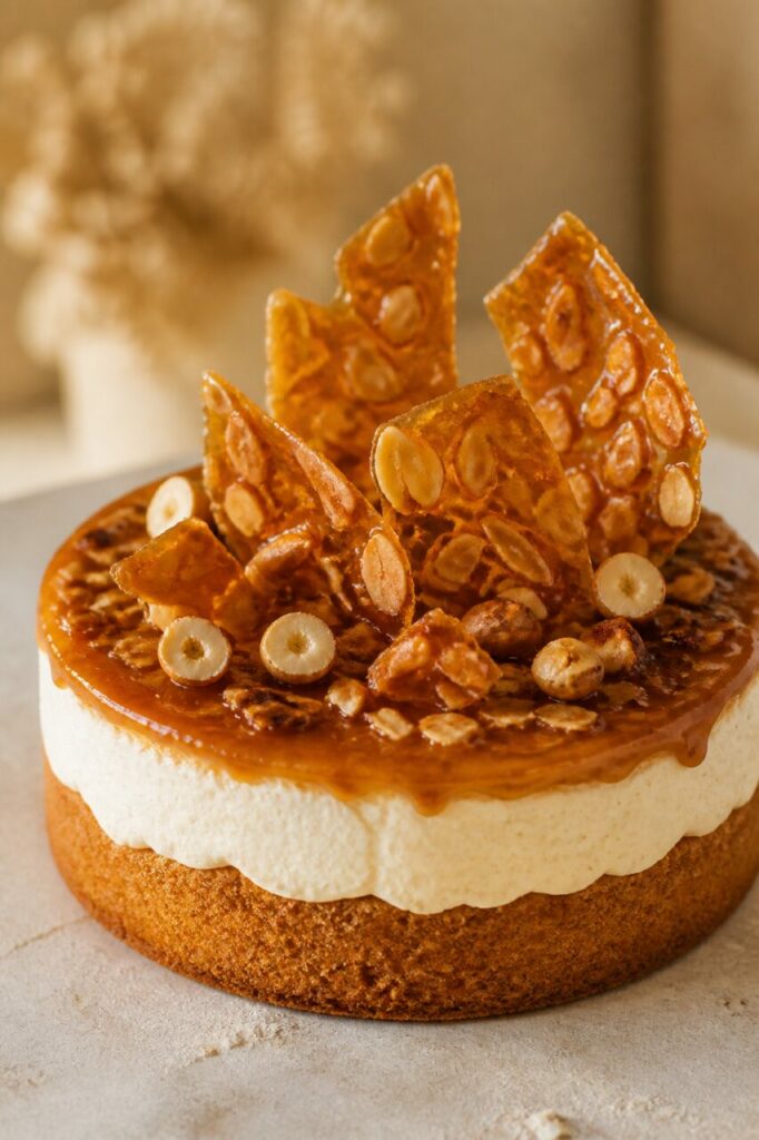 Grandes plaques ambrées dressées sur le gâteau nougatine-vanille