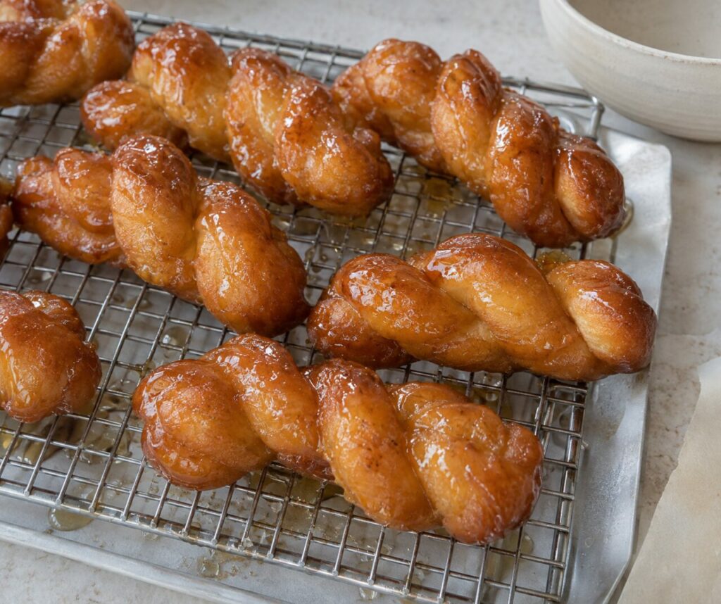 Rack holding freshly fried South African koeksisters draining