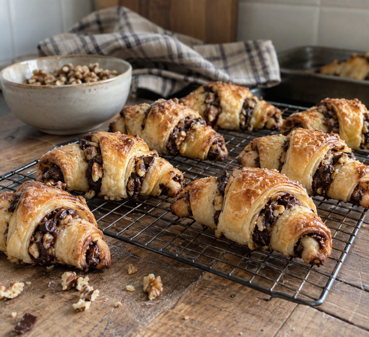 Griglia metallica con rugelach sfogliati, panno a quadri e ciotola
