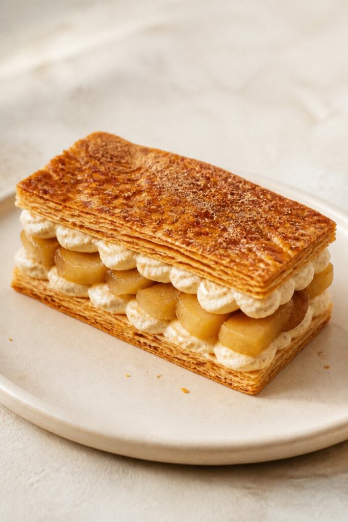 Gros dés de pomme dans le mille-feuille pommes-cannelle