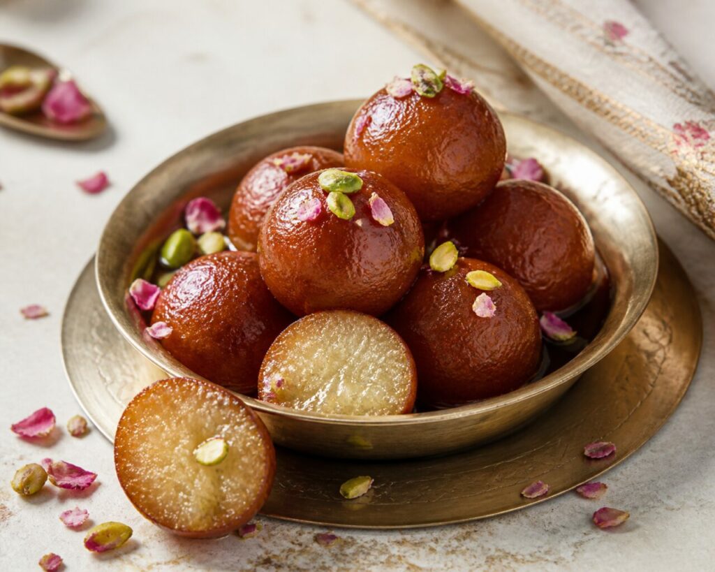 Gulab jamun indien au lait dans un sirop ambré, rose et pistache