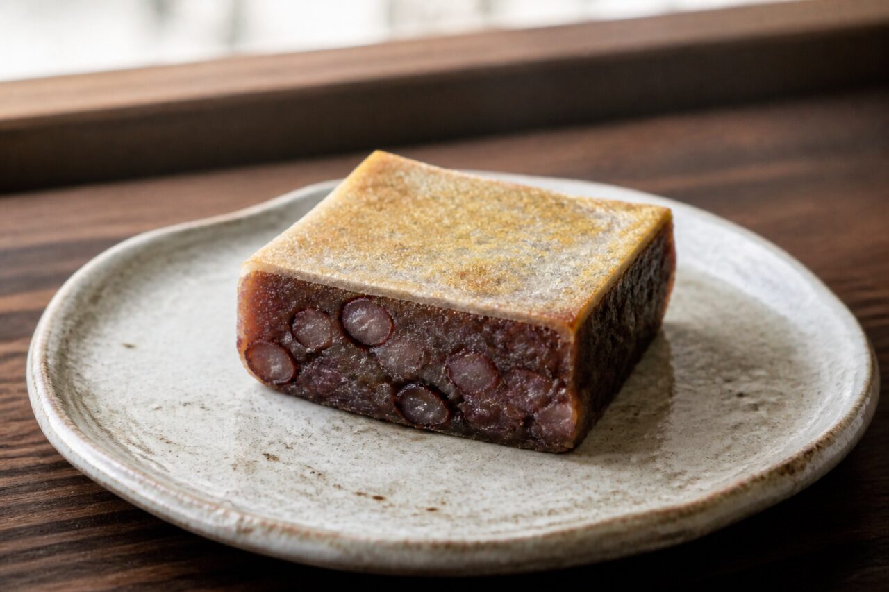 Whole azuki beans fill the cut face of Japanese kintsuba