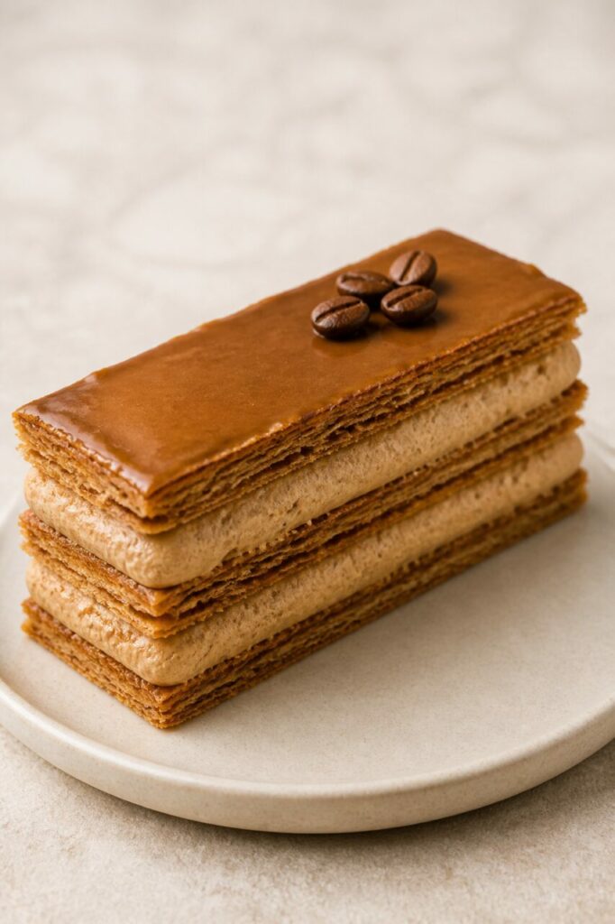 Hautes couches dorées du mille-feuille café-moka