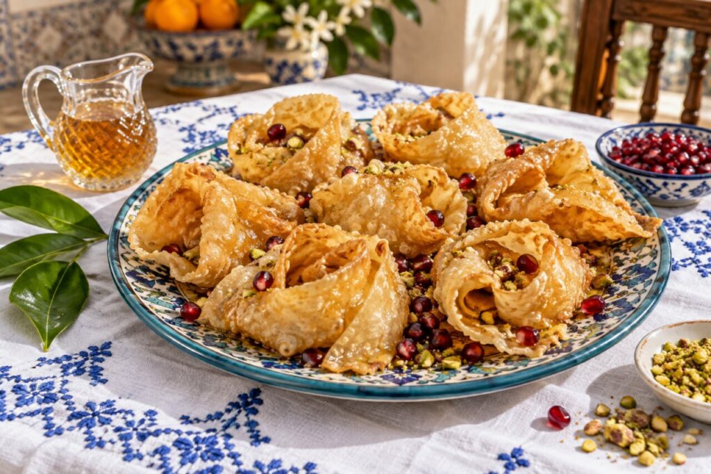 For the feast, eight Sephardic fijuelas with syrup surround pistachios and pomegranate seeds