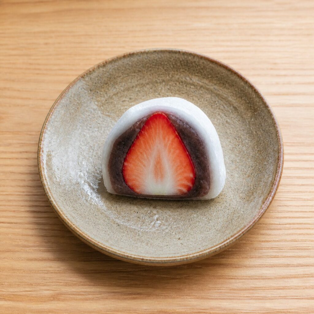 Assiette artisanale pour l'ichigo daifuku sur table de bois