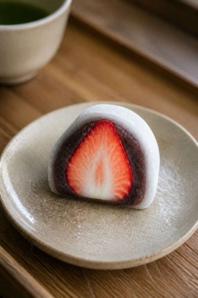 Daifuku à la fraise servi près d'une tasse de thé