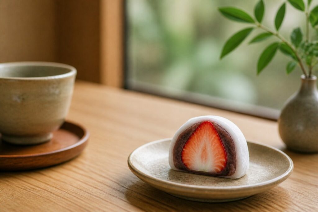 Ichigo daifuku près de la fenêtre avec une tasse de thé et un vase