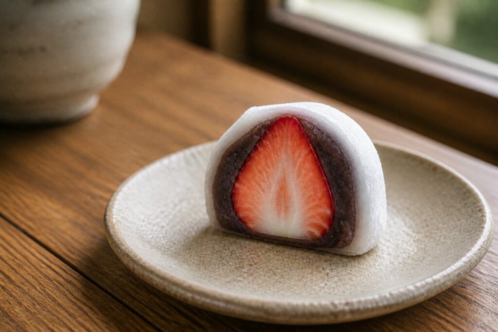 Fraise entière et anko dans l'ichigo daifuku coupé