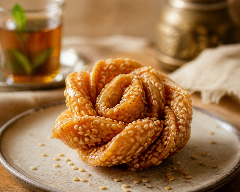 Mint tea accompanies a honey-glazed sesame chebakia