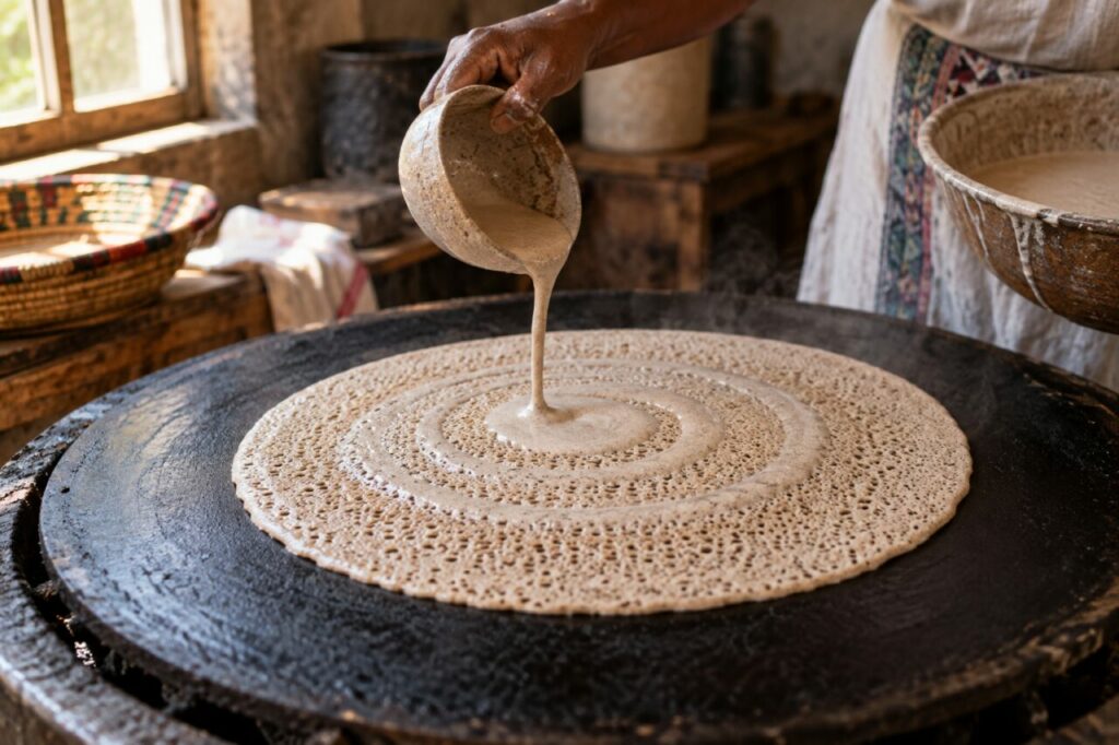 Injera éthiopienne — being poured on a hot griddle