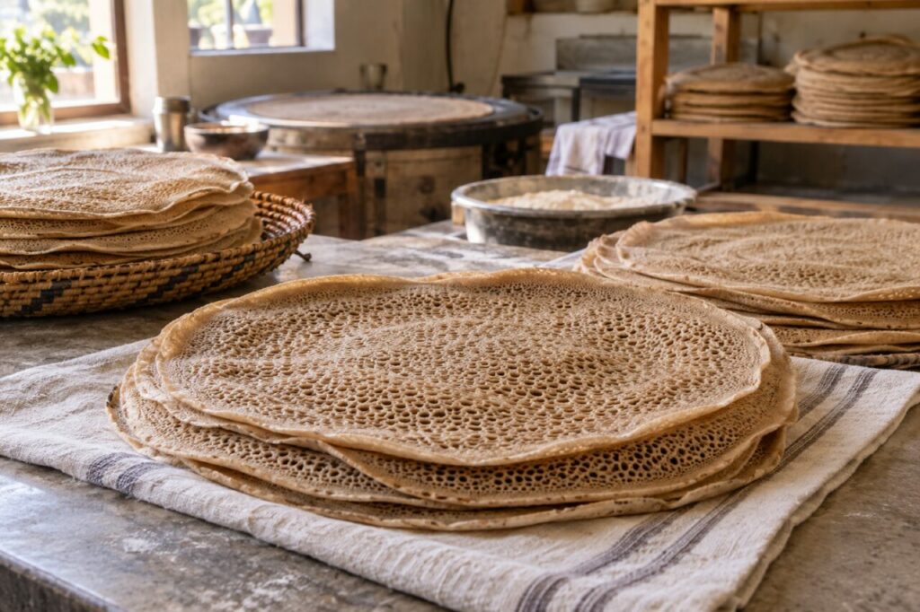 Injera éthiopienne — cooling on a bakery counter