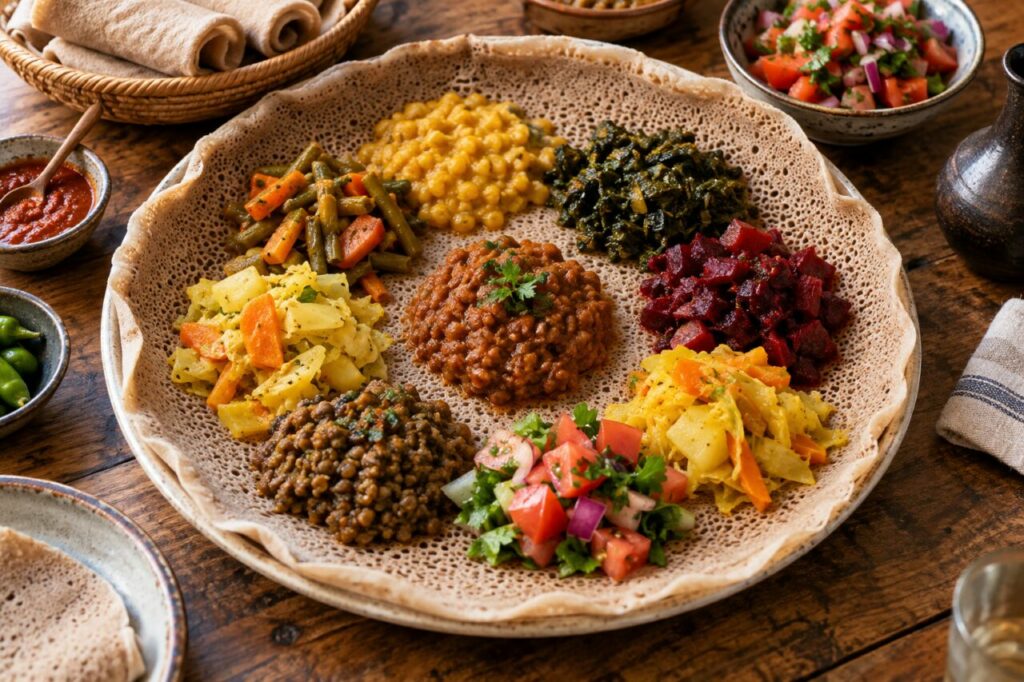 Injera éthiopienne — served with colourful stews