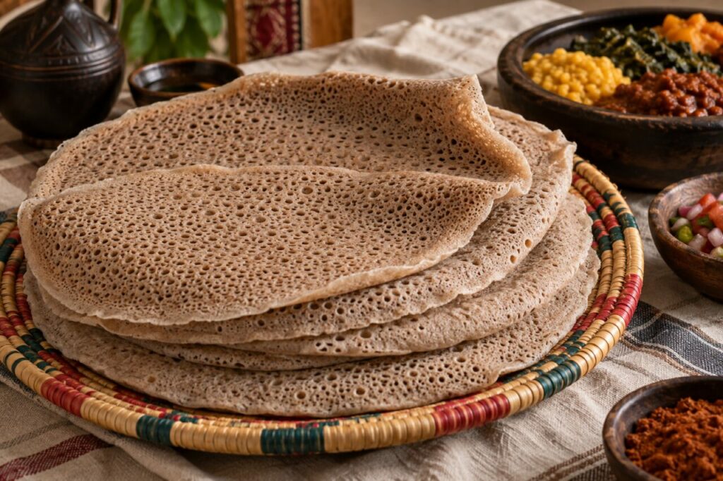 Injera éthiopienne — stacked on a woven basket