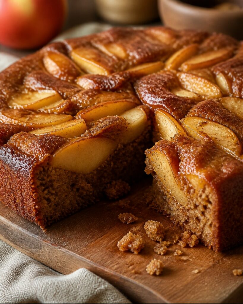 Intérieur brun du gâteau aux pommes caramélisées