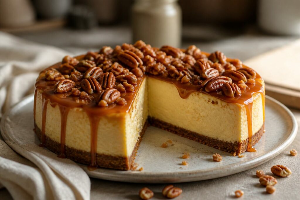 Intérieur crémeux dévoilé dans le cheesecake caramel-pécan