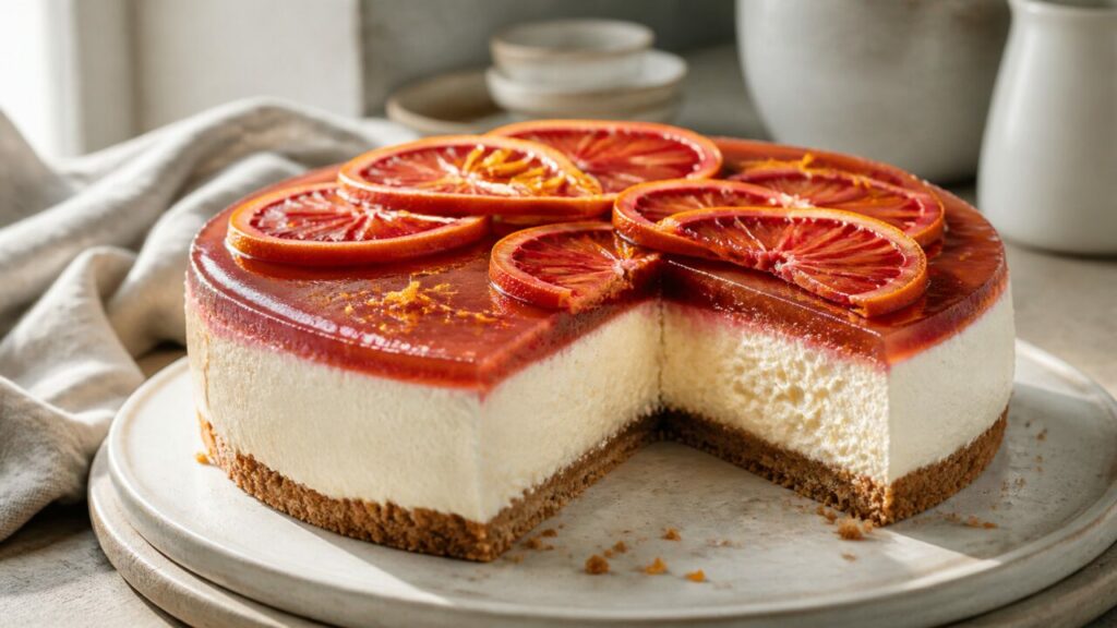 Intérieur onctueux du cheesecake à l'orange sanguine visible après qu'une part a été retirée