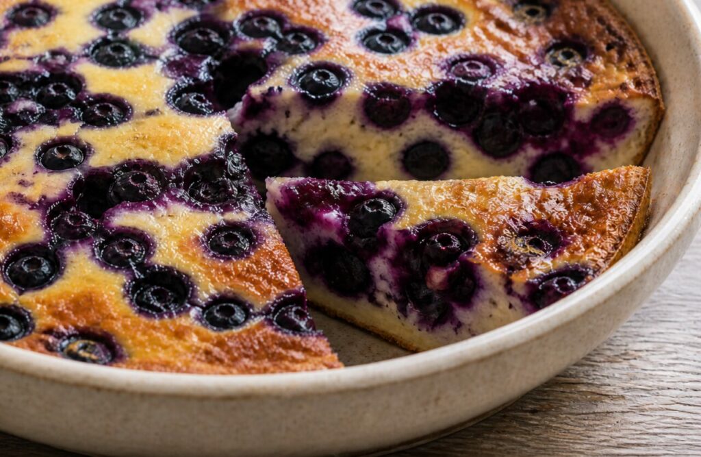 Tender blueberry-rich custard fills the cut clafoutis