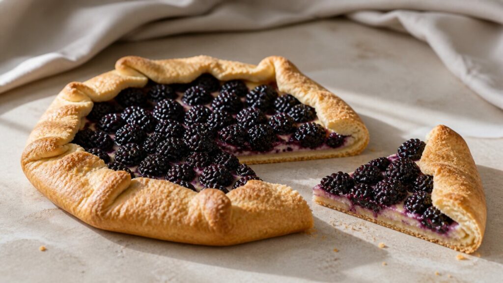 Jus violet marquant la tarte rustique aux mûres entamée