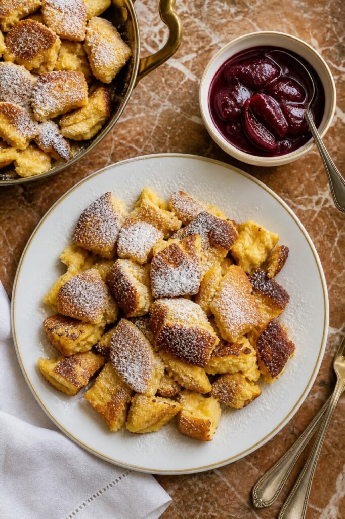 Poêle et assiette de Kaiserschmarrn près de la compote