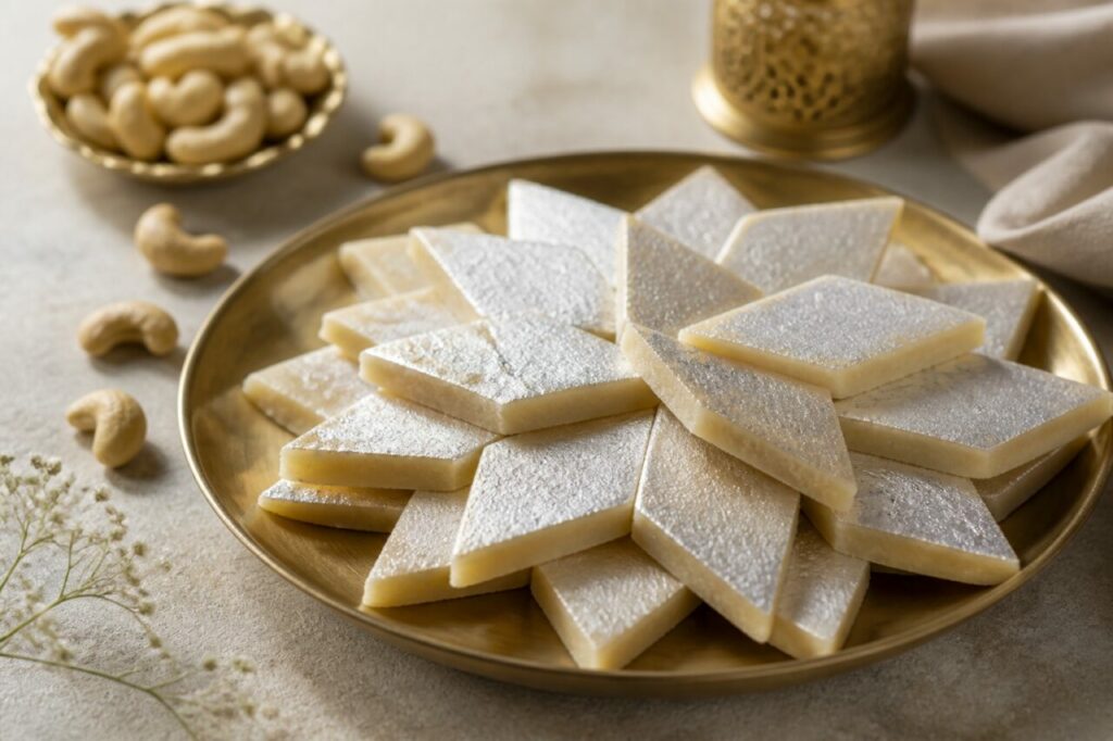 Kaju katli indien aux noix de cajou en losanges fins avec argent alimentaire