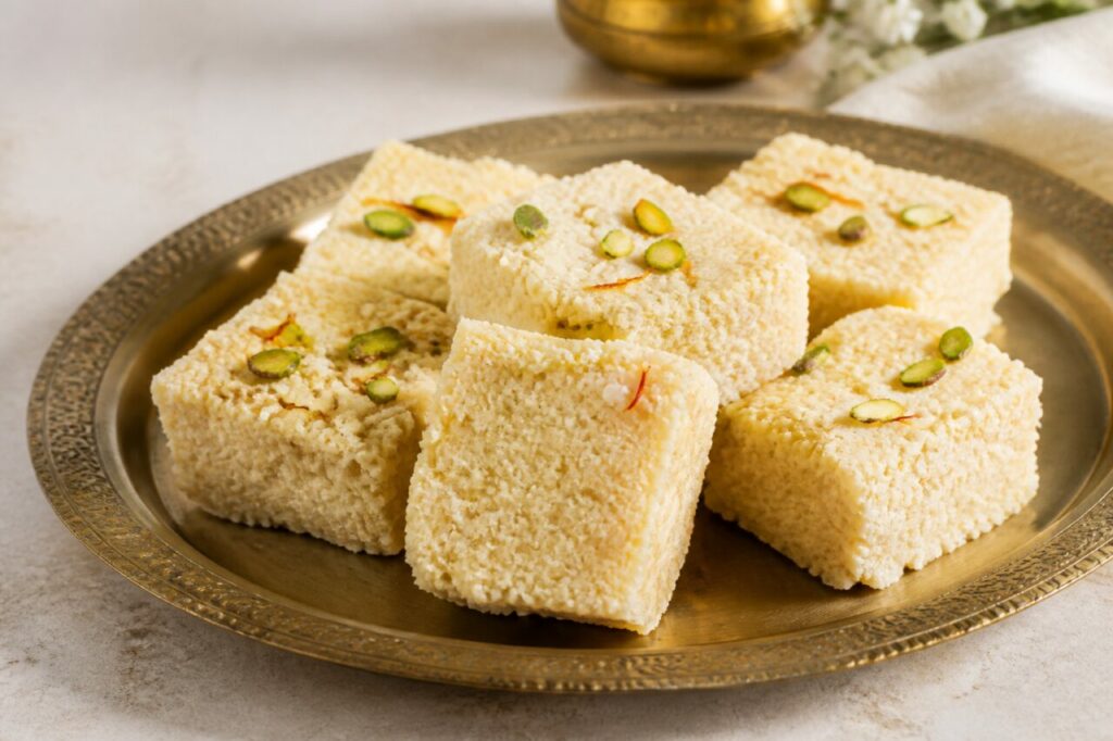 Kalakand indien au lait frais, cardamome et pistache en carrés fondants