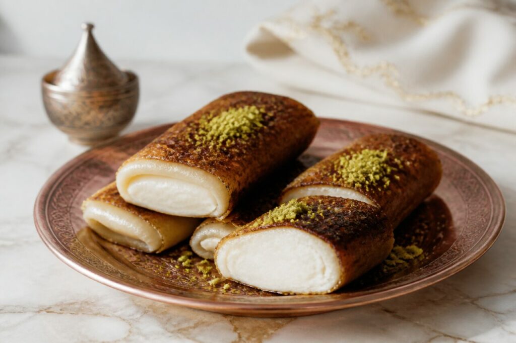 Roulés de kazandibi turc au lait caramélisé et pistache sur plateau cuivré