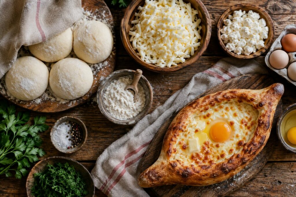 Khachapuri géorgien avec pâte, fromage et herbes