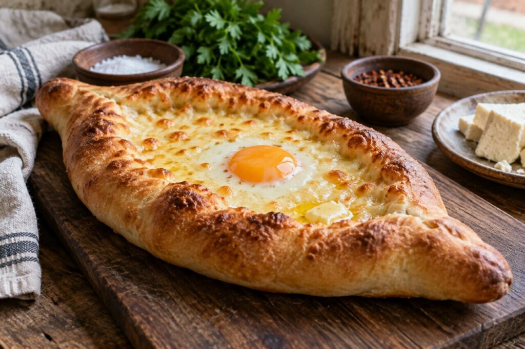 Khachapuri géorgien en barquette avec œuf
