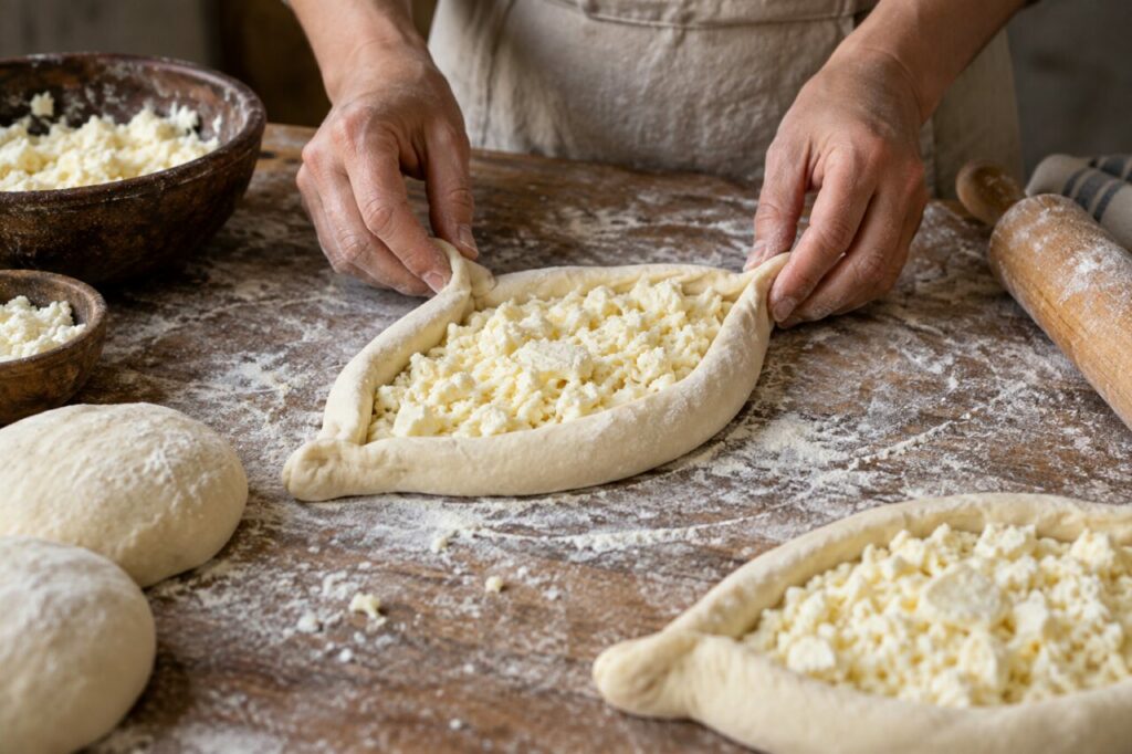 Khachapuri géorgien façonné sur un établi fariné