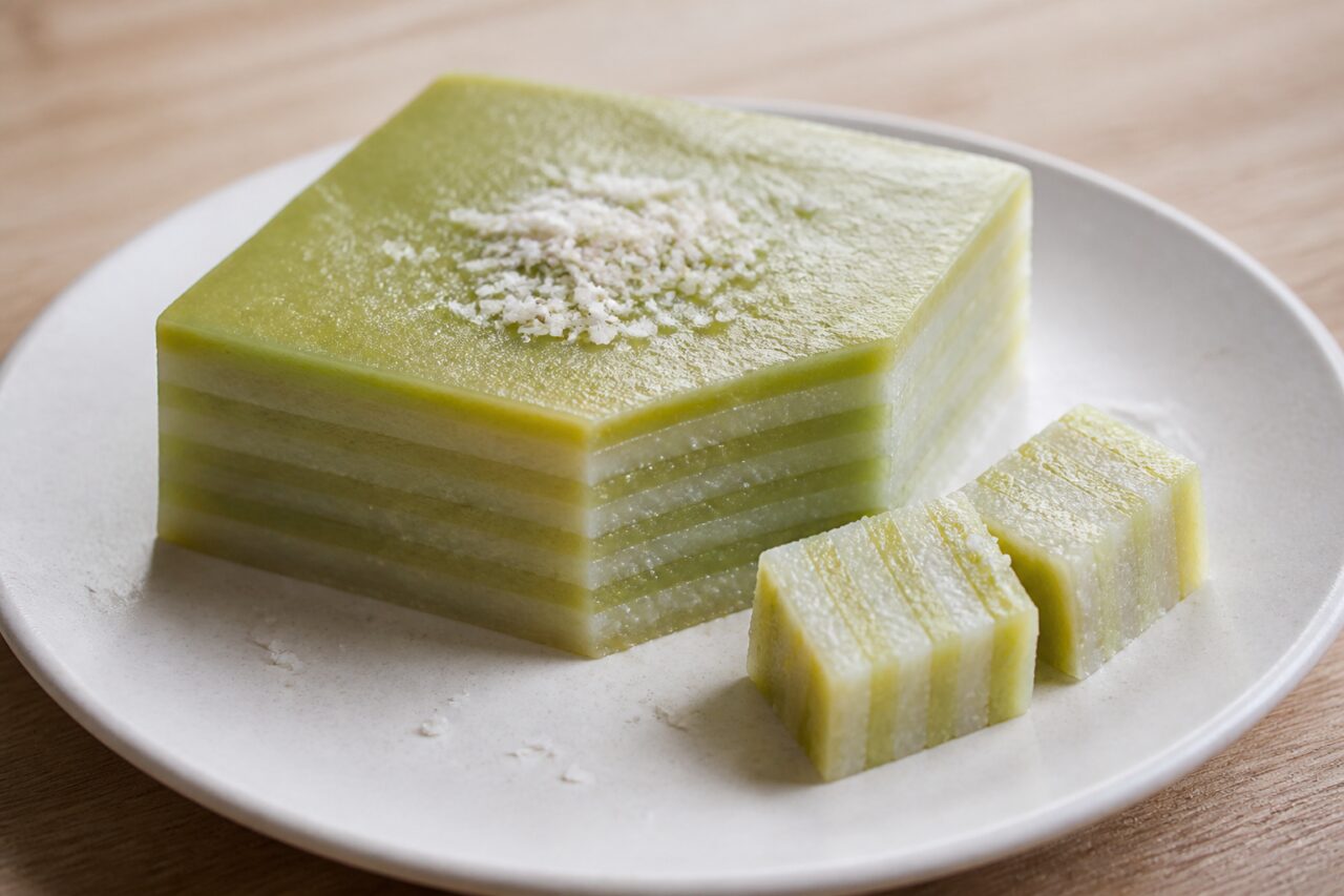 Thailändischer Khanom chan, gedämpfte Dessertwürfel mit Pandan- und elfenbeinfarbenen Schichten
