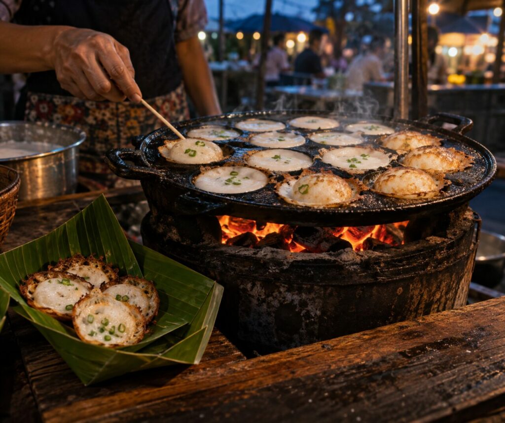 Khanom khrok thaïlandais grillé au charbon dans un marché du soir animé