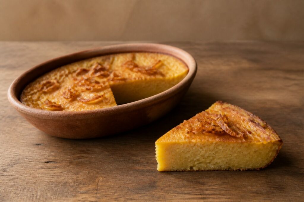 Khanom mo kaeng thailandese, flan dorato di fagioli mungo in una pirofila ovale con fetta netta