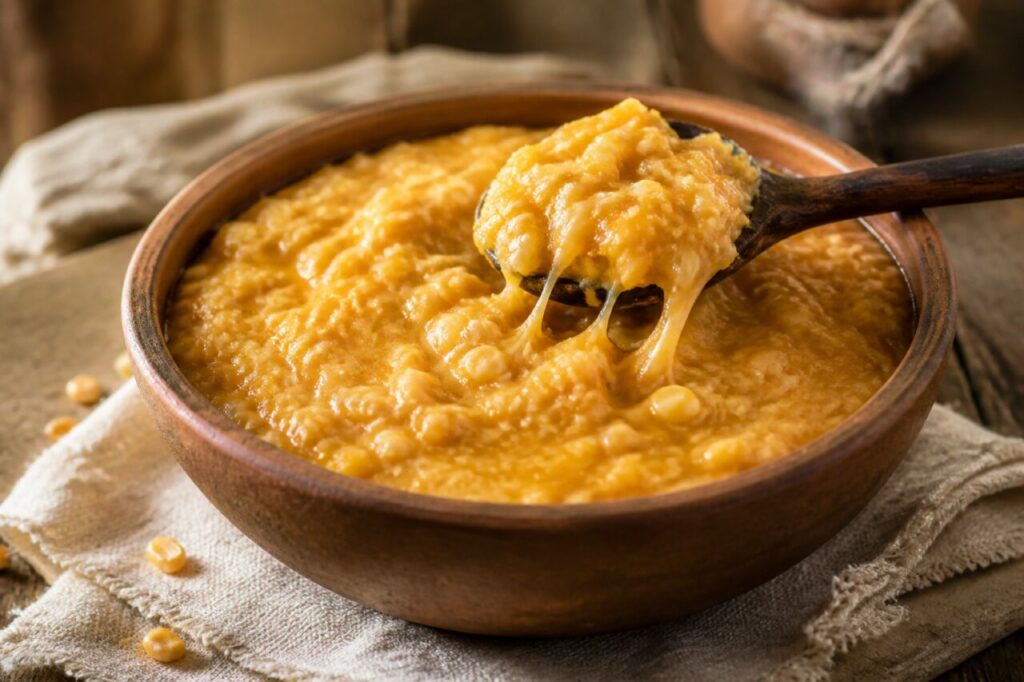 Kivevé paraguayen de courge, maïs et fromage, crème orange épaisse soulevée à la cuillère