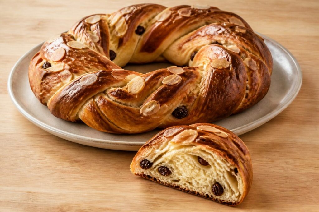 Kliņģeris letton en couronne tressée dorée aux amandes et raisins secs