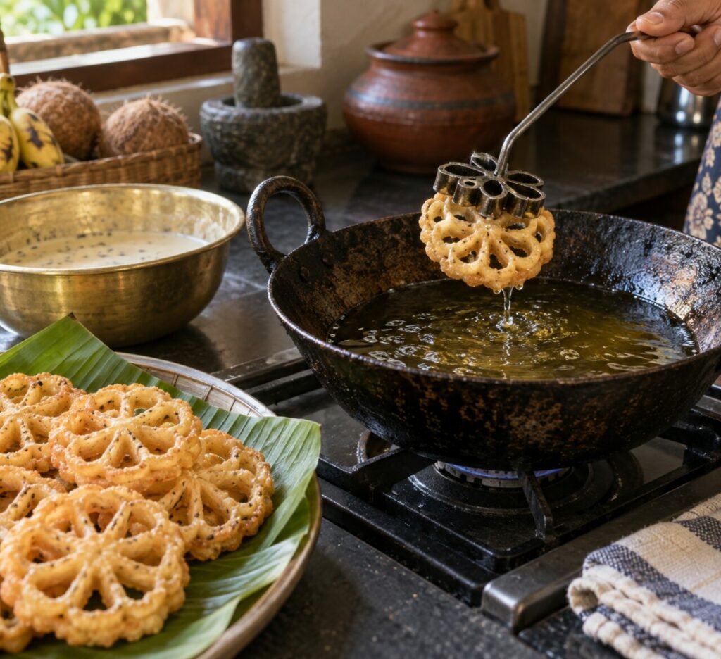 Appena tolto dall’olio, un kokis dello Sri Lanka resta nello stampo floreale sul wok