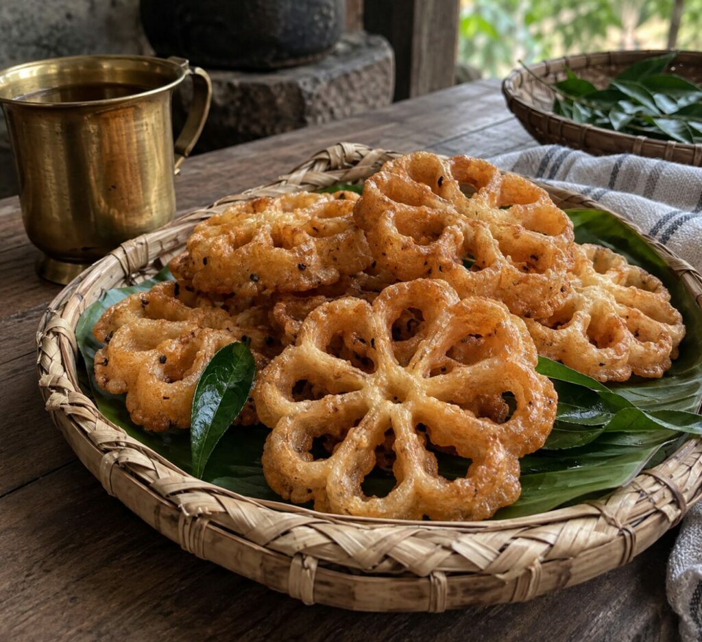 Nel vassoio intrecciato, kokis dorati dello Sri Lanka riposano su foglie verdi