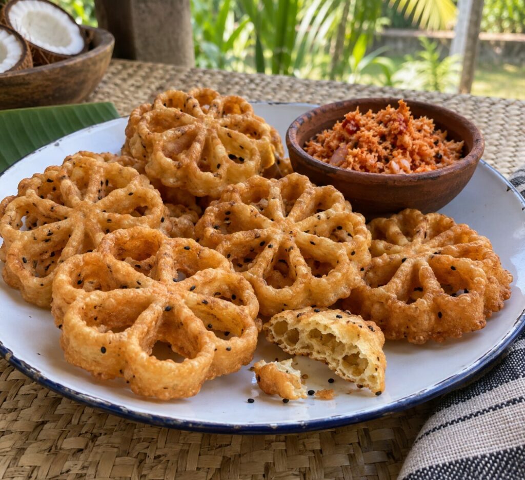 Accanto al sambol di cocco, kokis dello Sri Lanka riempiono il piatto dal bordo blu