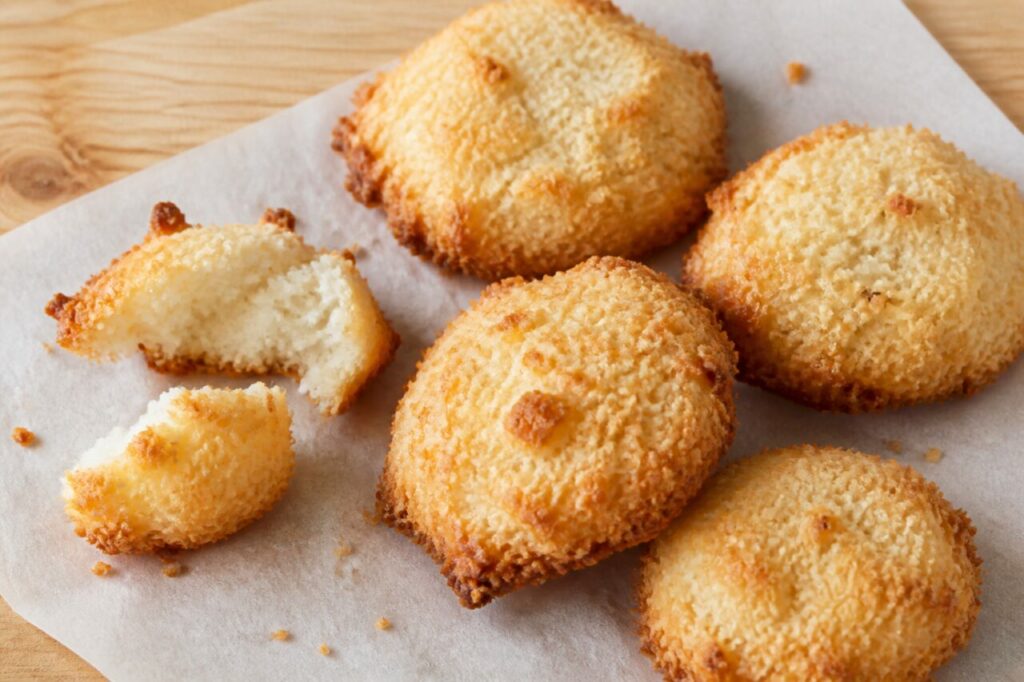 Kokoskoek surinamês de coco ralado, biscoitos dourados e um partido sobre madeira