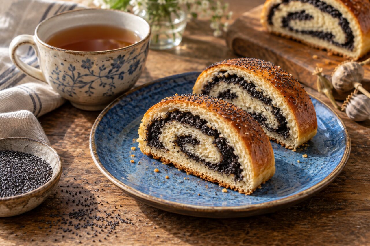 Kolach au pavot servi avec une tasse de thé