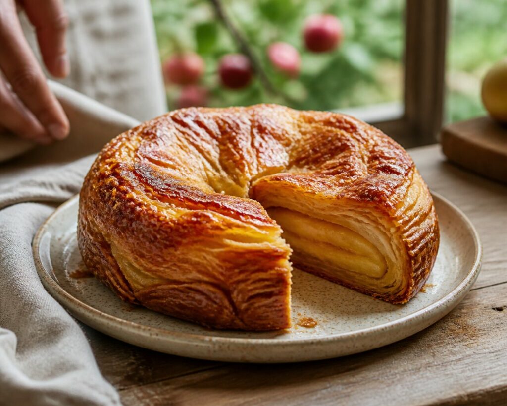Gesto de servir junto ao kouign-amann de maçã