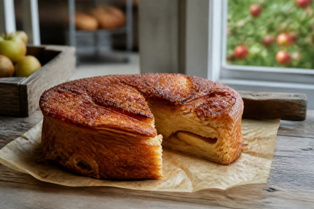 Gâteau breton aux pommes entamé sur une planche